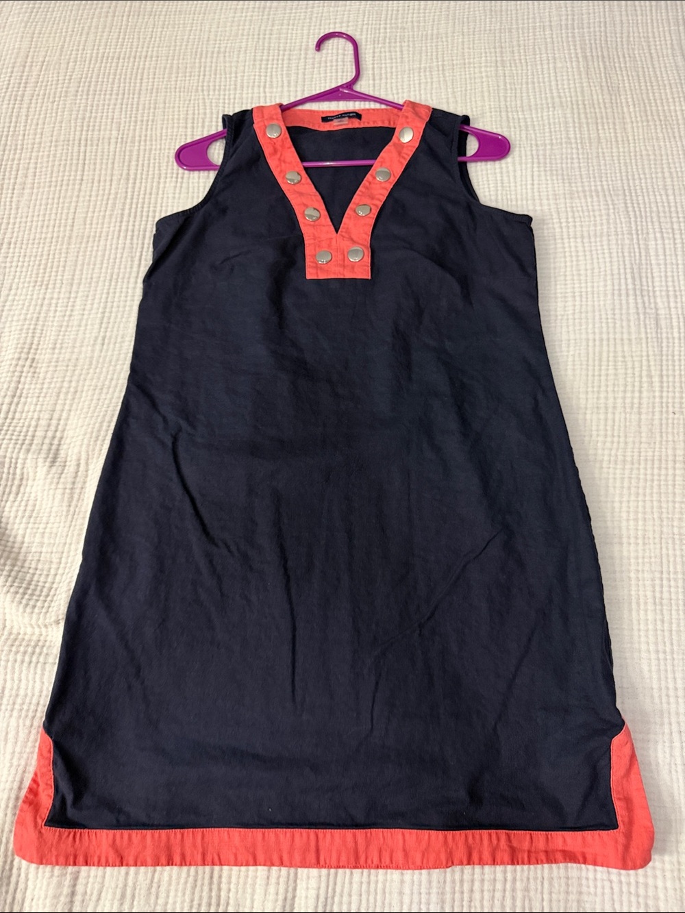Tommy Hilfiger Navy Dress with Coral Trim and Button Placket